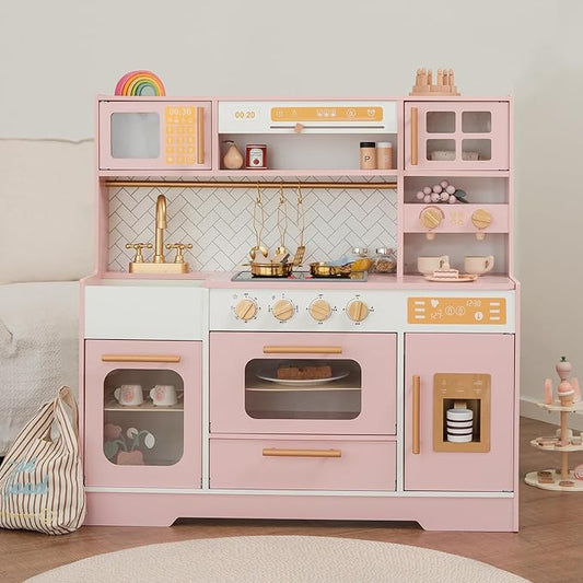 Pink Wooden Play Kitchen for Kids– Realistic Appliances, Storage & 15 Fun Accessories for Inspiring Pretend Play (Ages 3+)