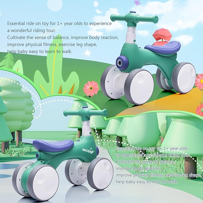 Baby Toddler Balance Bike with Bubble Machine for 1 Year Old Children,4 Wheels Kids Balance Bike w/Bubble Maker,Kids Ride on Toys,Headlight for Ages 12-36 Months Boys Girls (Green&Blue)