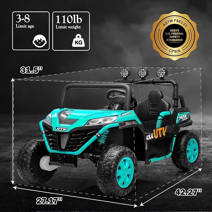 24V 2 Seater Ride on UTV Car, 4WD Ride on Toys for Kids with Remote Control, Shock Absorbers, LED Lights, Music, Off-Road Electric Car for Kids Boys Girls (Green)