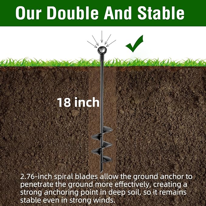 Ground Anchors Heavy Duty, Swing Set Anchor Kit 18 Inch 4 Pack Screw in Earth Anchors Trampoline Stakes High Wind Metal Auger Anchor for Shed Tent Carports Securing Animals Camping Mobile Home