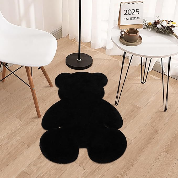 2ft Black Small Bear Shag Rug, Soft Fluffy Faux Sheepskin Fur Rug Fuzzy Shaggy Area Rug Cute Plush Carpet for Nursery Kids Girls Bedroom Room Aesthetic Living Room Floor Home Decor, Black