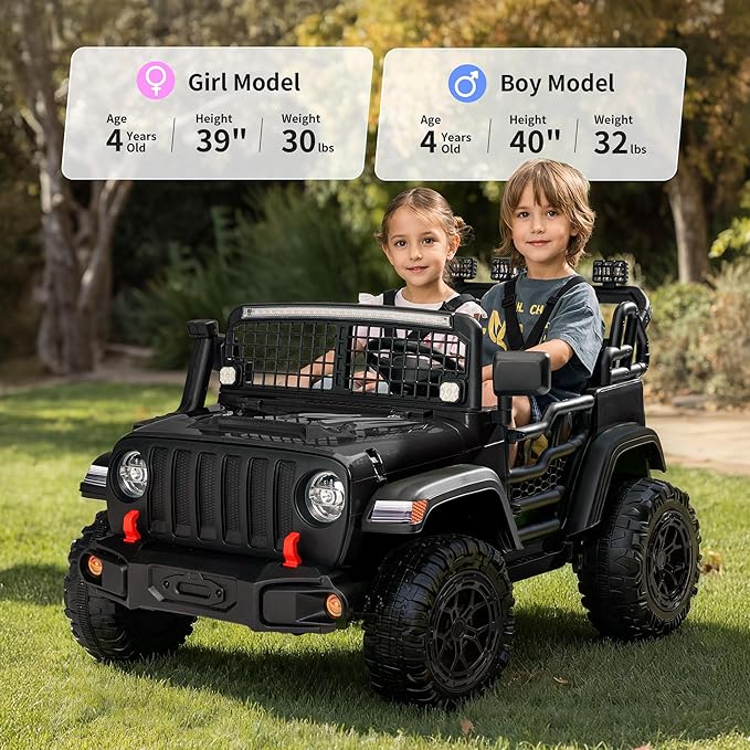 2 Seater Ride on Car Toy, 12V Electric Car for Kids 4-8 with Remote Control, Capacity 110 lb, LED Light - Black