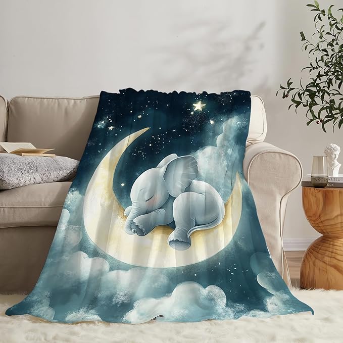 Elephant Throw Blanket - Ultra Soft Cozy Cute Moon Design - Fleece Fuzzy Plush Decor Gifts for Women Girls Adults - Couch Sofa 50"x40"