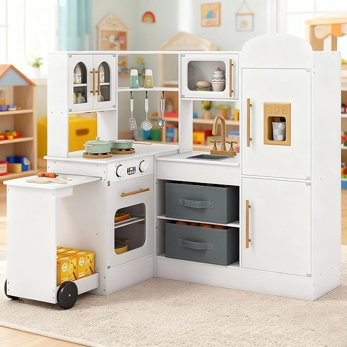 Costzon Corner Play Kitchen, Little Chef Pretend Play Kitchen w/Real Light & Sound, Pull-Out Cart, Fabric Bins, Stoves, Ice Maker, Microwave, Oven, Wooden Kitchen Playset for Kids Ages 3+ (White)