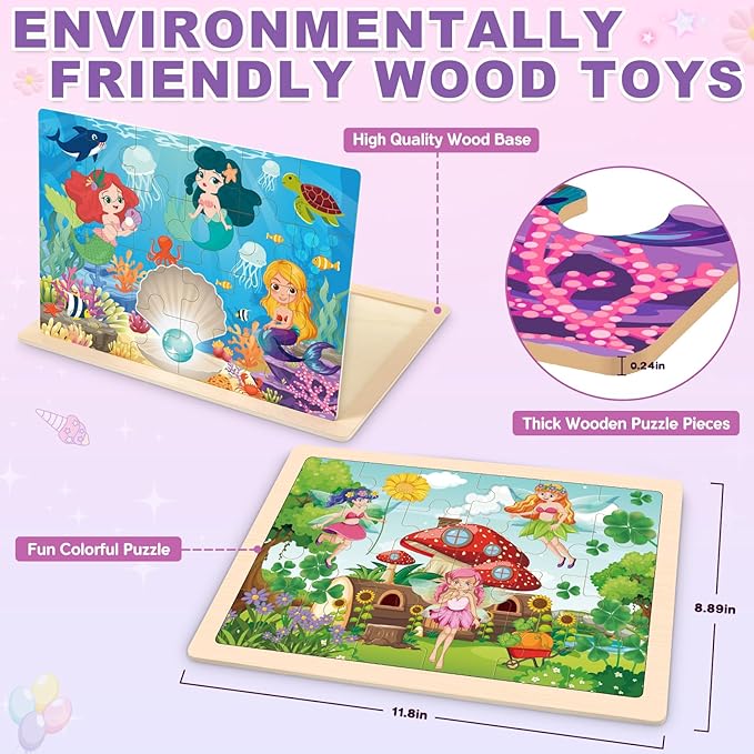 Puzzles for Kids Ages 4-6, 4 Packs Wooden Jigsaw Puzzles for Toddlers 2-4, Princess Unicorn Mermaid Fairy Preschool Educational Puzzles Boards Toys Gifts for Girls Boys 3 4 5 6
