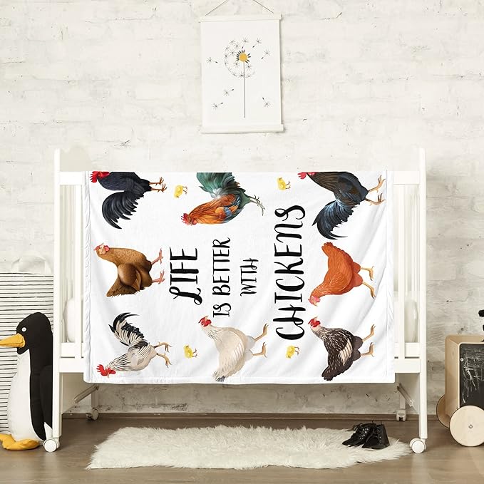 Cute Chicken Printed Blanket Soft Fuzzy Flannel Plush Throw Blanket for Couch,Sofa and Bed Decorative Blankets Funny Colorful Rooster Swaddle Baby Kids Blanket All Season 60"x50"