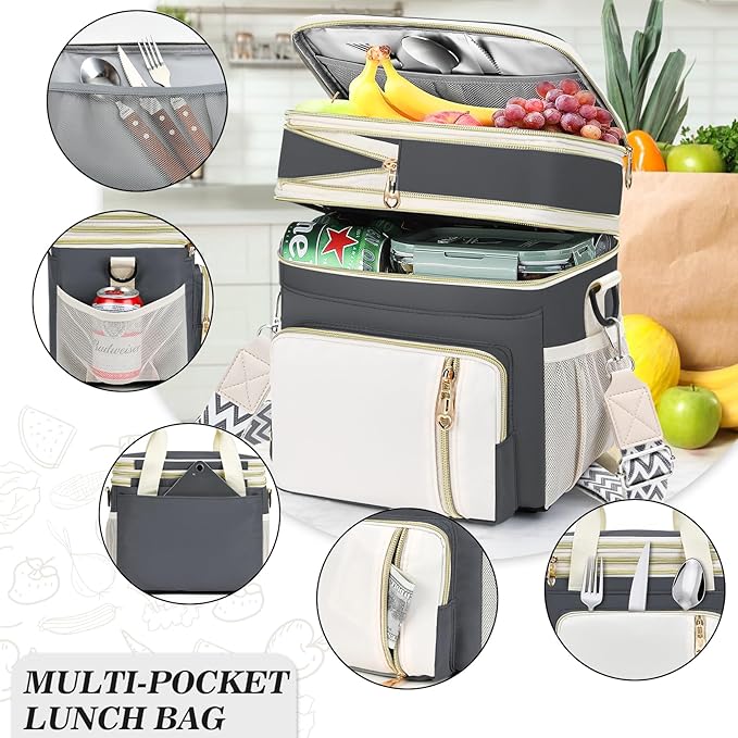 LOKASS Lunch Bag& Lunch Box for Men Women Double Deck,Large Insulated Adult Lunch Box Leakproof Lunchbox Cooler Bag for Work Picnic Beach,（Gray&White）