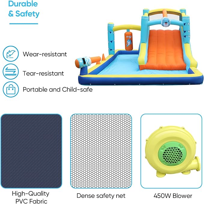 TABU Bounce House with Slide, Inflatable Castle with Splash Pool Water Cannons, Outdoor/Indoor Bouncy House with Air Blower, Ball Pit, Boxing, Climbing Wall, for Kids Aged 3-12(187.2x112x73.2IN)