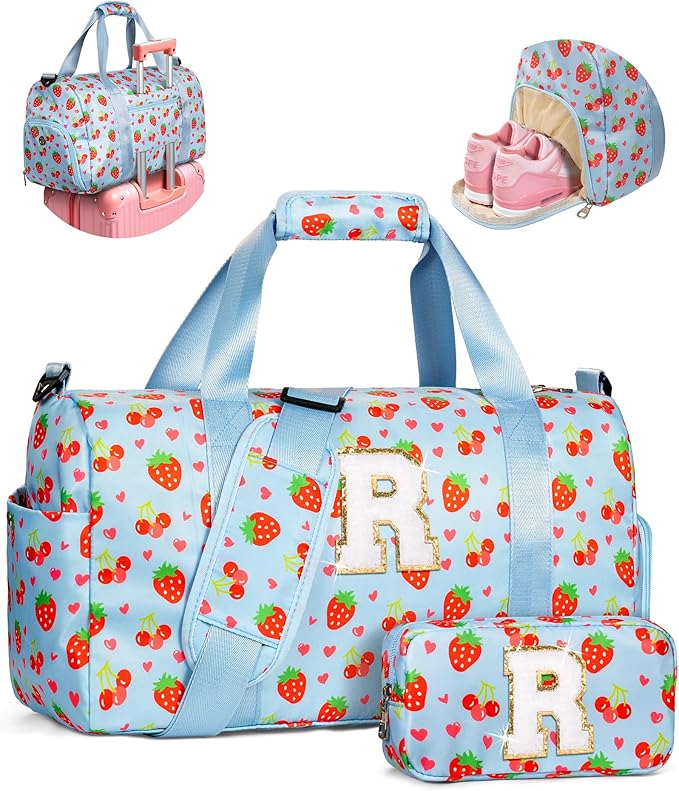 Dance Recital Gifts for Girls, Preppy Dance Bag with Makeup Pouch, Initial Duffle Bag for Kids, 3 4 5 6 7 8 9 10 11 12 13 Year Old Girl Gift Idea, Weekend Overnight Bags with Shoe Compartment