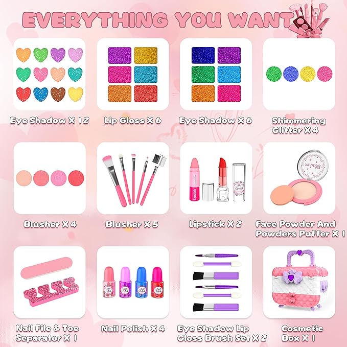 54 Pcs Kids Makeup Kit for Girls, Princess Real Washable Pretend Play Cosmetic Set Toys with Mirror, Non-Toxic & Safe, Birthday Gifts for 3 4 5 6 7 8 9 10+Years Old Girls Kids (Pink White)