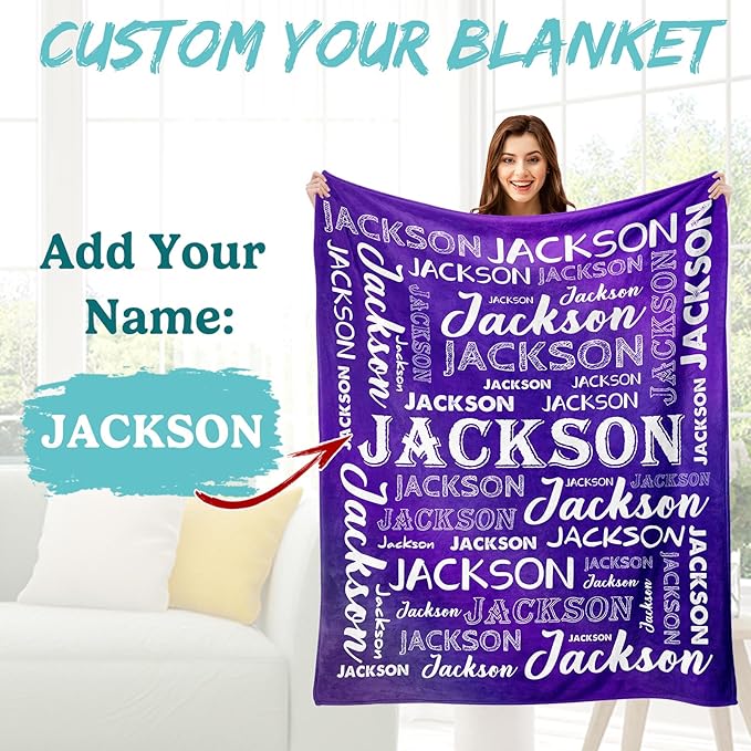 Ship Next Day, Personalized Baby Blanket with Name - Printed in USA, Custom Name Blanket for Boys Girls Kids, Customized Flannel Blankets Gifts for Teen Shower Toddlers Christmas Brithday
