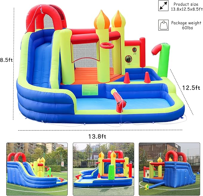Blow Up Water Slides for Kids Backyard, Large Jumping Bouncy Castle for Kid Outdoor, 8in1 Inflatable Bounce House with 450W air Blower