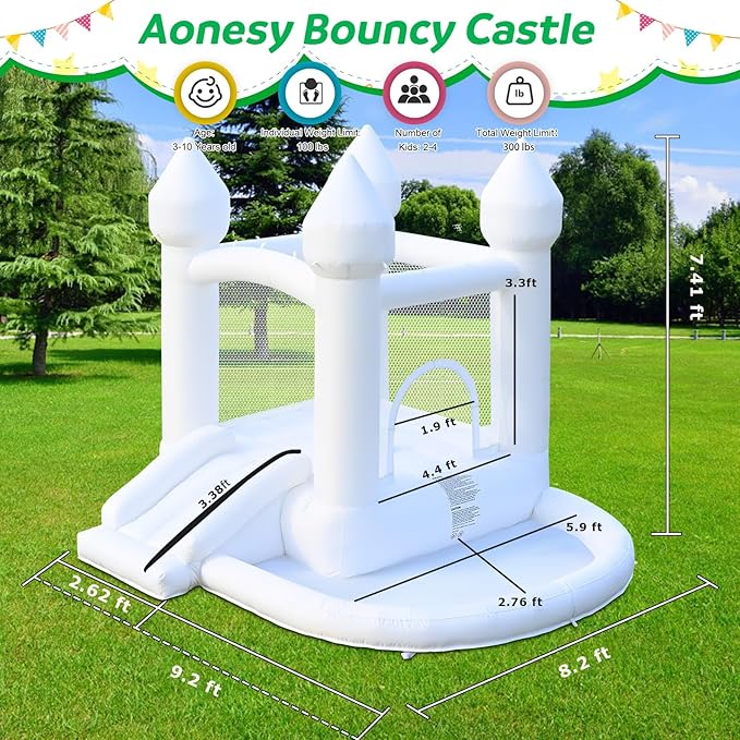 White Bounce House, Inflatable Bounce House with Ball Pit & Slide, Kids Indoor Bounce House Portable Fun House Outdoor Bounce House with Blower for Birthday Party, Wedding Decor