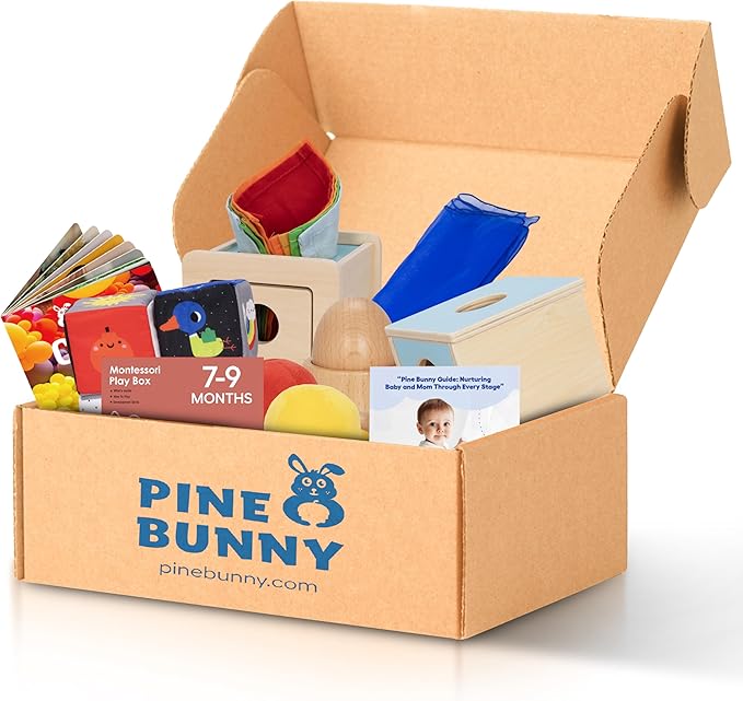 Pine Bunny Montessori Wooden 10-in-1 Toy Set for 7+ Months, Object Permanence Box, Egg and Cup, Tissue Box, Fabric Blocks, Scarf, Educational Learning Sensory Development Fine Motor Skills Baby Toys