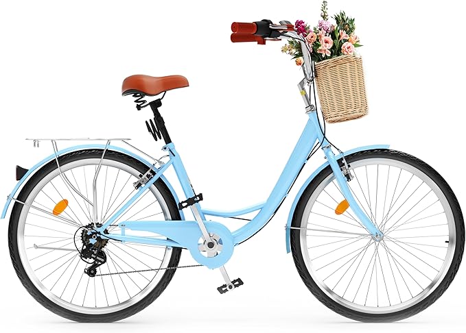 YITAHOME Beach Cruiser Bike for Women, 24 & 26 inch Commute Bike for Adults, 1 & 7 Speed Womens Bicycle with Basket Adjustable Seat, Multiple Color
