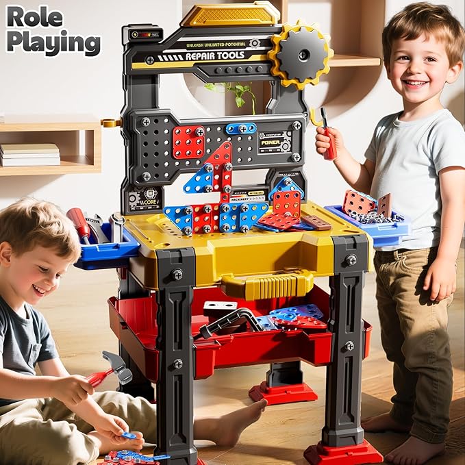 2 in 1 Workbench Tools Toys Set with Sound for Toddlers Aged 3-5, 145 PCS Educational Construction Mechanic Toolbox for Boys Girls, Pretend Play Toys Birthday Gift for Kids 3 4 5 6 Years Old