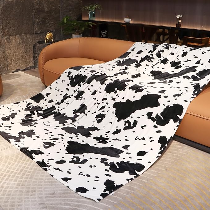 Queen Size Cow Print Fleece Blanket - Extra Large Cozy Bedding, Plush Soft Fuzzy Bed Throw for Bedroom Home Decor All Season 90"x90"