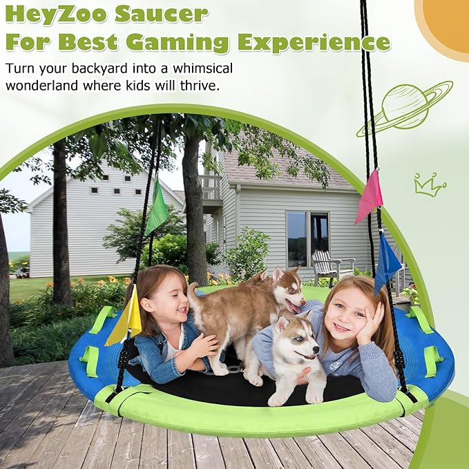 43 Inch Tree Swing, Saucer Swing Sets for Kids, Come with 360 Degree Swivel and Adjustable Hanging Strap, Green and Blue