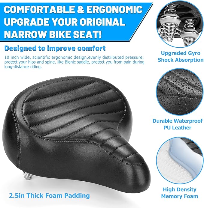 Wide Bike Seat for Men Women Comfort, Large Soft Padded Bicycle Seat Cushion, Oversized Comfortable Replacement Saddle for City & Mountain Bicycle, Beach Cruiser, Ebike, Scooter, Stationary Bike