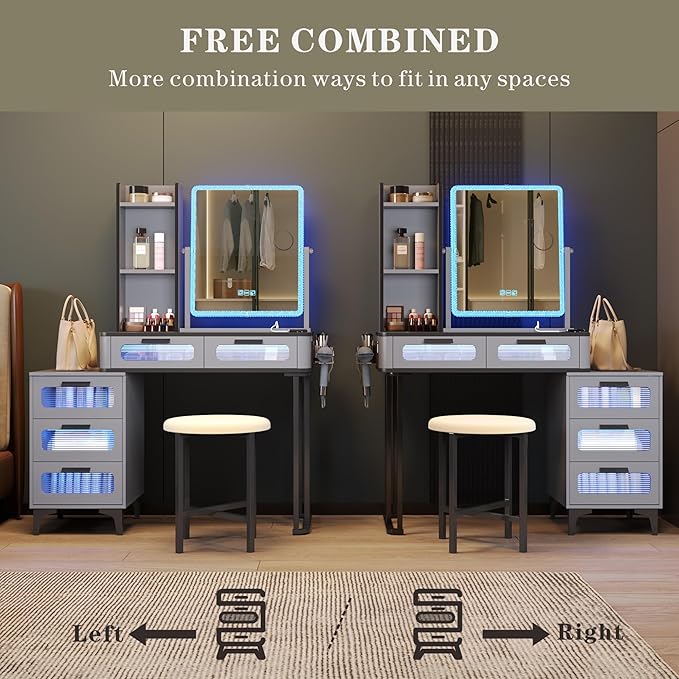 HNEBC Vanity with LED Mirror, Glass Top Dresser with Wireless Charging Station for Bedroom, Small Makeup Desk with 6 Drawers, Girls Dressing Table with Auto RGB Lighted for Christmas (5078-Grey)