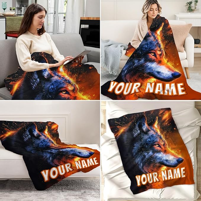 Custom Wolf Blanket for Boys - Wolf Gifts for Kids Flannel Warm Plush Personalized Throws for Decor Home