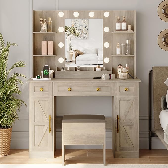 Vanity Makeup Desk with Mirror and Lights, Farmhouse Vanity Table Set with Storage Drawers, Charging Station & Chair, 43" Large Rustic Dressing Table, 3 Lighting Modes for Women Girls Bedroom, Grey