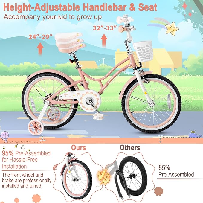 HONEY JOY Kids Bike, 12 14 16 18 20 Inch Toddler Bikes w/Training Wheels, Handbrake & Coaster Brake, Fully Enclosed Chain, Adjustable Handlebar & Seat, Kids Bicycle w/Basket, Girls Boys Bike 3-8
