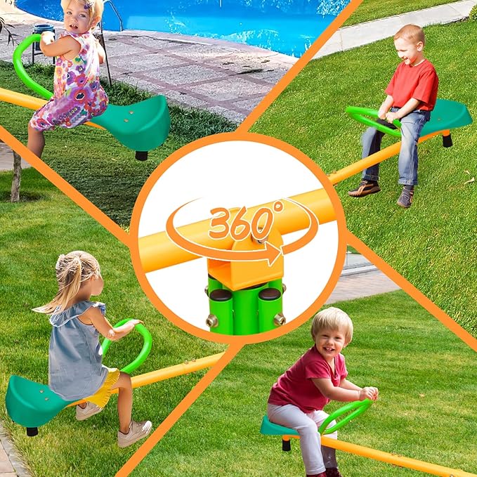 360 Degree Rotation Seesaw Swivel Teeter-Totter, 2/3/4 Seats Sit and Spin Outdoor Playground Equipment for Kids, Toddlers, Boys, Children (Green-2 Seats)
