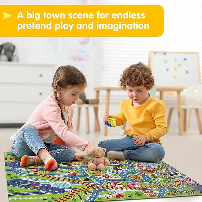 City PlayMat Jumbo Floor Puzzle for Kids Ages 3-8，60-Piece Large Jigsaw Puzzles, Town Map with Race Tracks & Train Tracks，Educational Toy for Pretend Play, Ideal Gift for Preschoolers
