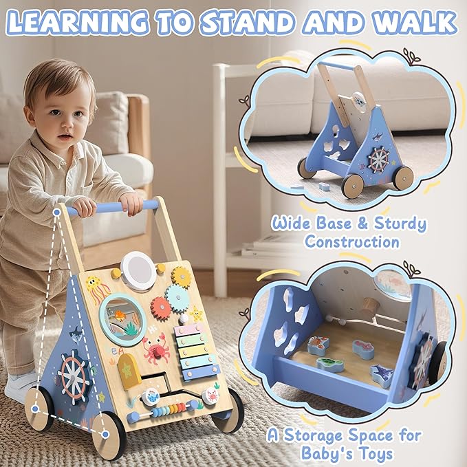 Ocean-Themed Wooden Baby Walker with Activity Center, Montessori Push Walker Toy for Babies 18 Months, Safe First Steps Baby Walking Aid for Boys & Girls