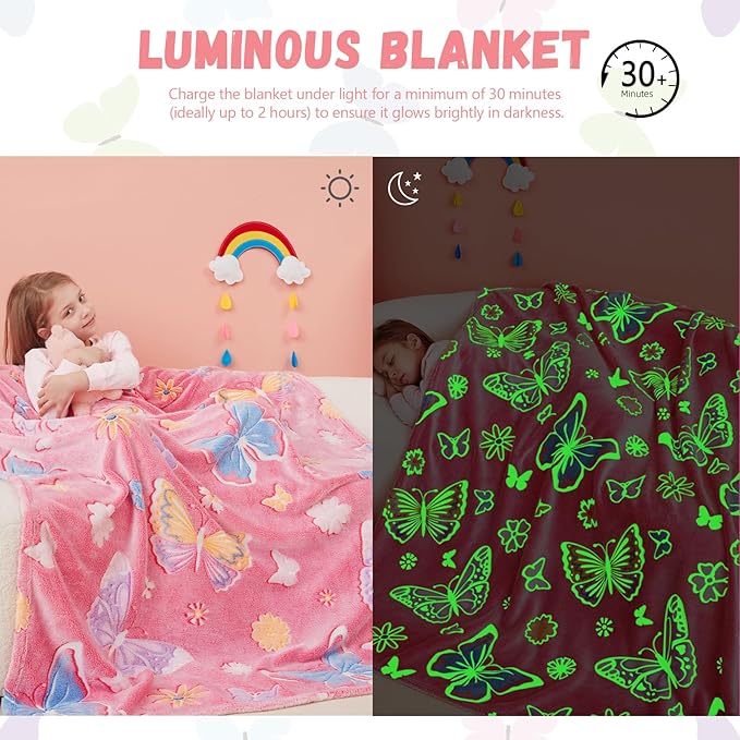 Glow in The Dark Blanket,Butterfly Gifts Toys for Girls, Birthday Presents Decor for Kids Age 3-14 Year Old Daughter Teen Child Toddler Luminous Christmas Bedroom Throw Blanket 50"x60"
