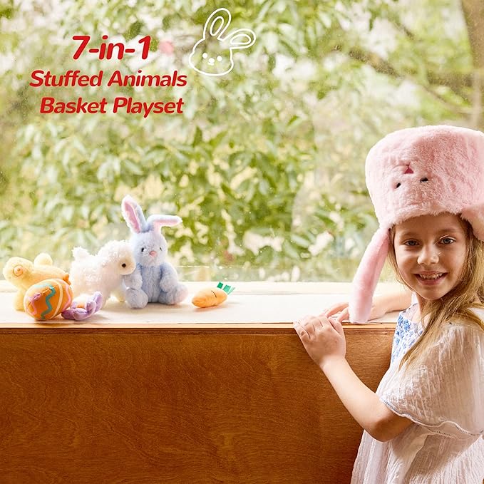 7 Piece Plush Stuffed Animals Playset Toys with Rabbit, Chick, Lamb, Carrot, Egg, Flower, Furry Bag, Soft Basket Set Toys for Girls Kids Ages 3+, Birthday Christmas Valentines Easter Party Favors