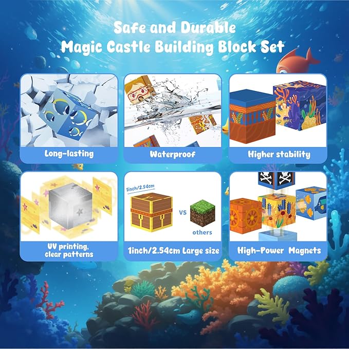 Magnetic Blocks— 120PCS Magnet Toys for Kids, Magnetic Building Blocks Cubes, Montessori Sensory Stacking Magnets, School STEM Toys Birthday Gifts for Boys and Girls Age 3+ Years Old (Ocean Explore)