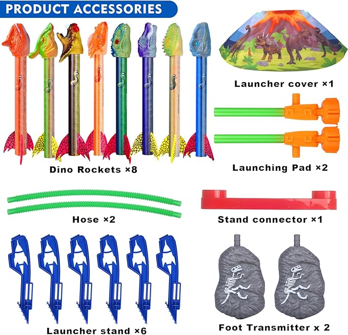 Dinosaur Rocket Launcher for Kids - Launch Up to 100 Ft, 8 Rockets and 2 Pads for Multi-Player, Dinosaur Toys, Birthday Gift Ideas, Toys for 3 4 5 6 7 Year Old Boys, Outdoor Outside Toys