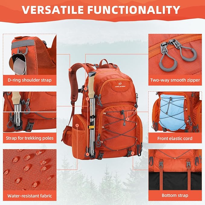 Maelstrom Hiking Backpack, 40L Waterproof Camping Daypack for Men and Women, Lightweight Travel Pack with Rain Cover-Orange