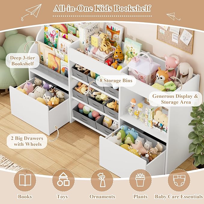 62.2 inches Toy Storage Organizer and Kids Bookshelf, Toy Organizer with 2 Movable Drawers and 9 Box Bins, 4 Tier Toddler Bookshelf for Book Storage and Display