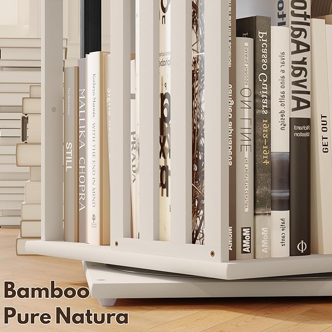 YOWOS Rotating Bookshelf Tower, 360 Display Spinning Bookcase, Bamboo Bookshelf Floor Standing Storage Rack, Wood Narrow Book Shelf Organizer for Kids&Adults (White, 4 Tier)
