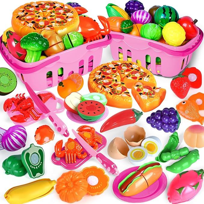 Shemira 100 PCS Cutting Play Food Toy for Kids Kitchen, Pretend Food Toys for Toddlers, Play Kitchen Toys Accessories with 2 Baskets, for 3 4 5 Years Old Boys Girls, Pink