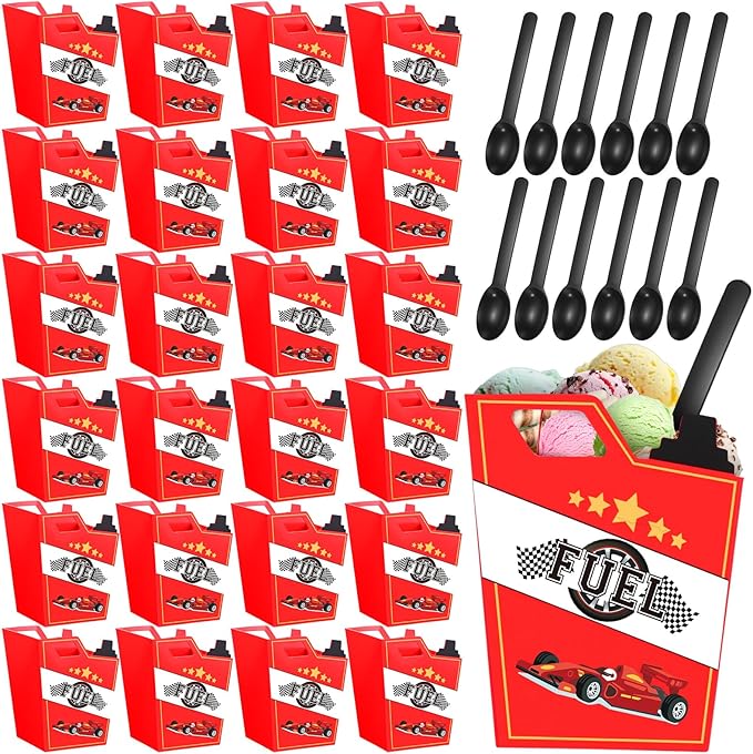 Uiifan 24 Sets Race Fuel Can Ice Cream Bowls Spoon Set Plastic Racing Car Frozen Yogurt Cups with Spoon Race Car Party Decorations for Kids Racing Theme Birthday Baby Shower Party Favors Supplies