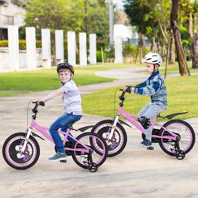 BABY JOY Rabbit Pilot Sporty Kids Bike, 12 14 16 18 Inch Child Bike for 3-8 Years Old with Adjustable Height, Training Wheels, Storage Basket, Handbrake & Coaster Brake, Kids Bicycle for Girls Boys