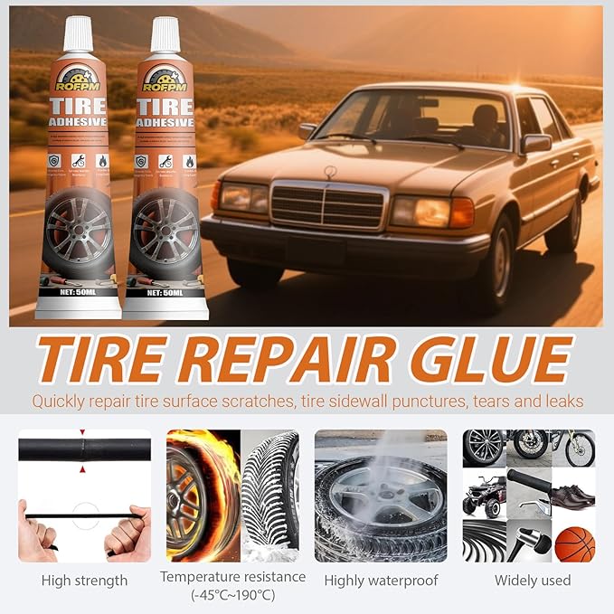 Tire Repair Glue Kit - 3.38 floz Rubber Cement Tire Repair Adhesive Black for Tire Sidewall, Car, Motorcycle, Bike, Jeep, Truck (50ml*2