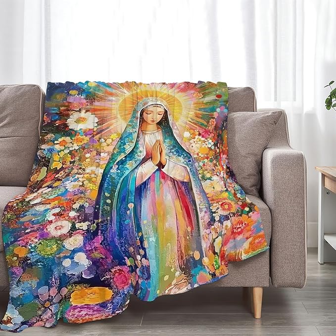 Virgin Mary Blanket Catholic Christian Throw Blankets Religious Gifts for Women Men Faith Prayer Soft Cozy Fleece Plush for Couch Sofa Bed 80"x60"