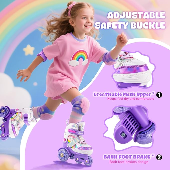 SULIFEEL Rainbow Unicorn 4 Size Adjustable Light up Roller Skates for Girls Boys for Kids