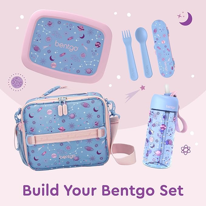 Bentgo Kids Lunch Bag - Durable, Double-Insulated Lunch Bag for Kids 3+; Holds Lunch Box, Water Bottle, & Snacks; Easy-Clean Water-Resistant Fabric & Multiple Zippered Pockets (Lavender Galaxy)