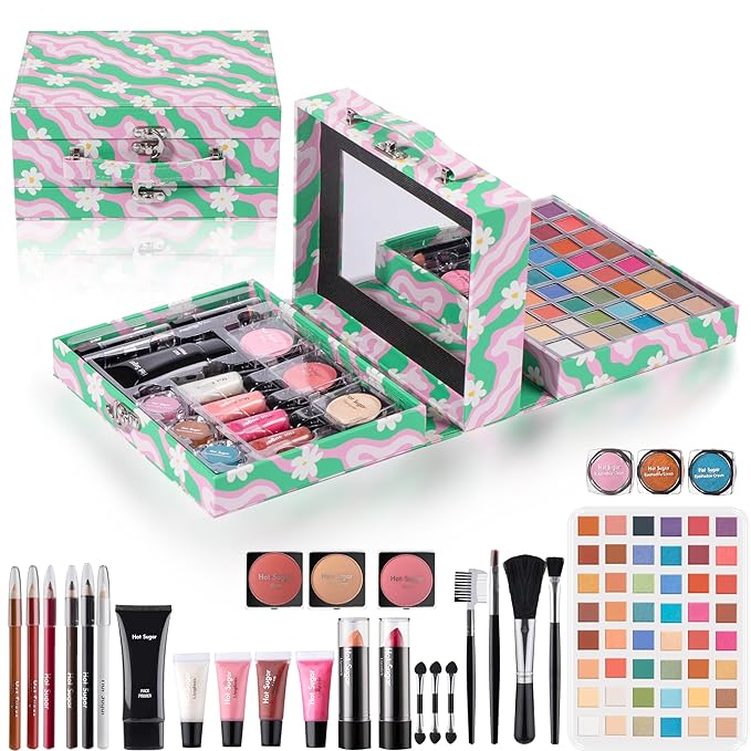 Hot Sugar Makeup Kit for Preteen Girls 10-12, Birthday Christmas Makeup Gift Set for Teens 16-18, All in One Beginner Makeup Kit for Women Full Kit (Floral Green)