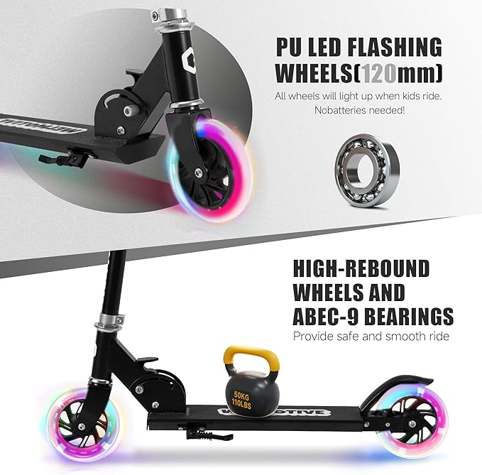Kick Scooter for 3+Years Old Boys & Girls Lightweight, Foldable, Aluminum Frame, and Adjustable Handlebars, Rear Brake, and Flashing Light up Wheels