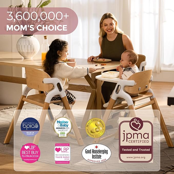 Momcozy DinerPal Wooden High Chair for Babies, Toddlers & Adults Up to 308 Lbs, Convertible Baby Highchair with Food-Grade Tray, Dishwasher-Safe, Adjustable & Ergonomic, Natural Wood