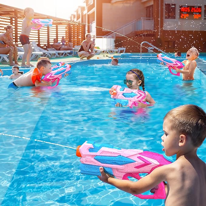 4 PCS Water Gun for Kids, Super Squirt Guns Water Soaker Blaster - 4 Shooting Modes Switch - 26 Ft Long Shooting Range - Summer Water Toys Gun for Boys Girls Adults Outdoor Pool/Garden - Pink