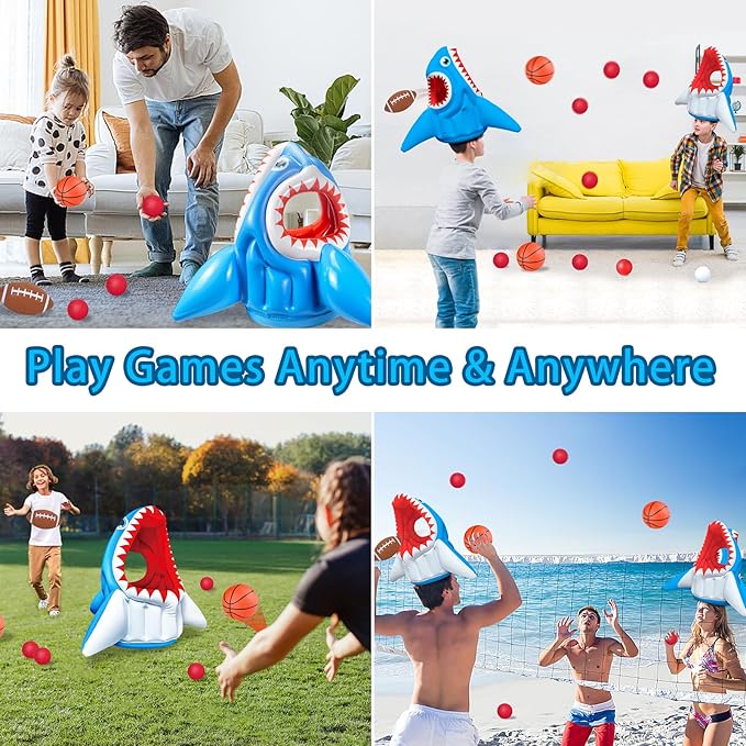 Inflatable Pool Floats, Kids Swimming Pool Toys 3-in-1 Shark Basketball & Football & Head Hoop for 3 4 5 6 7 8 Years Boys Girls Beach Backyard Party Water Games Birthday Gift