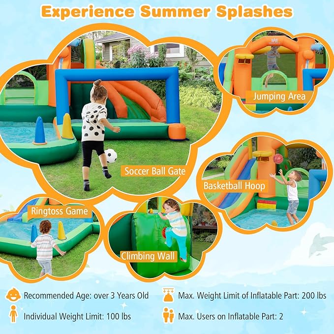 BOUNTECH Inflatable Water Slide, 9 in 1 Dual Slides Kids Water Park Jump Castle Water Soccer, Splash Pool, Water Slides Inflatables for Outdoor, Backyard Water Slide Bounce House with GFCI Blower